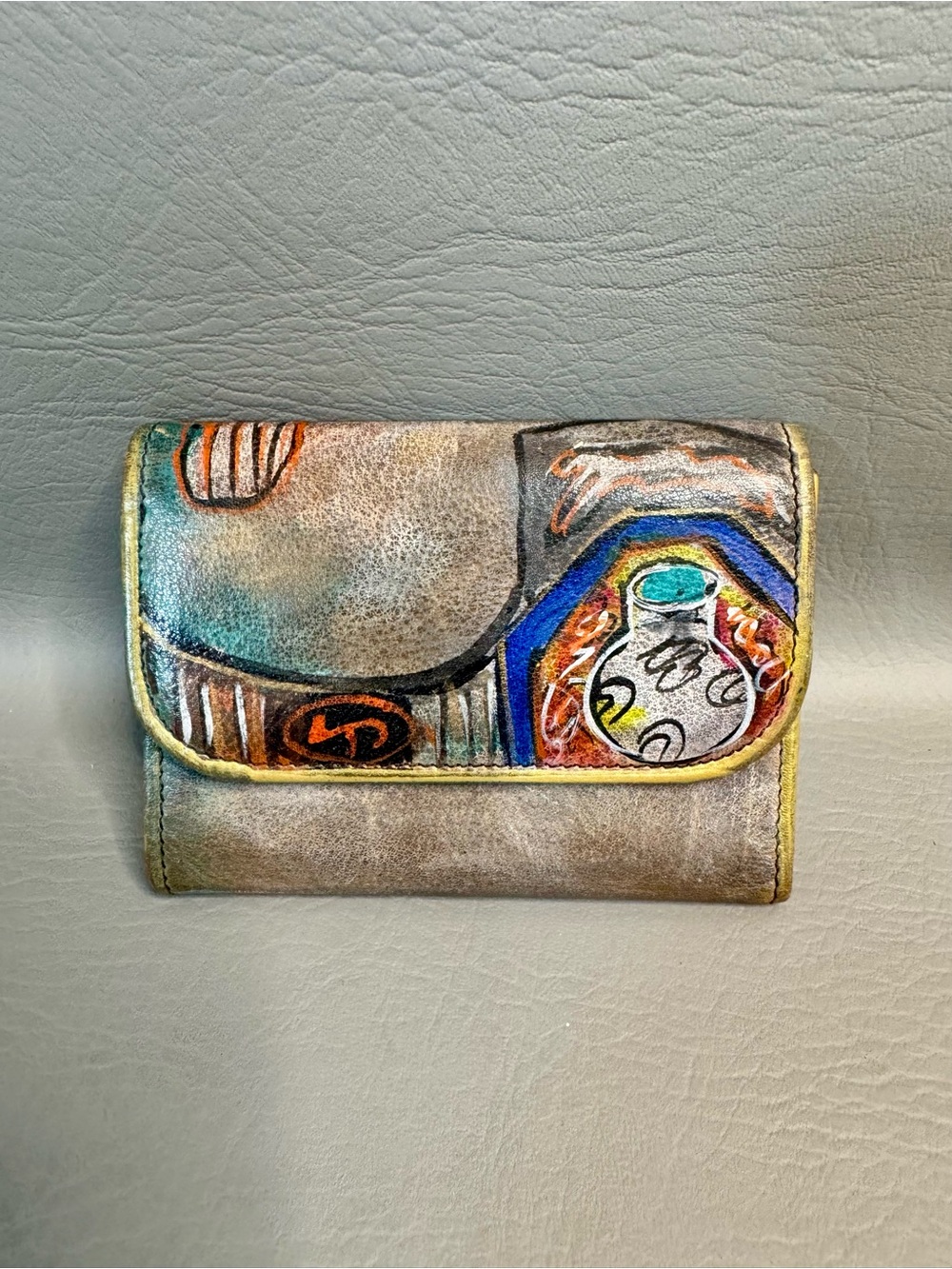 Jane Yoo Hand Painted Leather Wallet Wearable Art Signed Beautiful Leather Fine